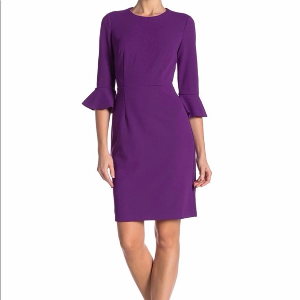 DONNA MORGAN Women’s Purple Sheath Dress Ruffle Bell Sleeve Work Size 4